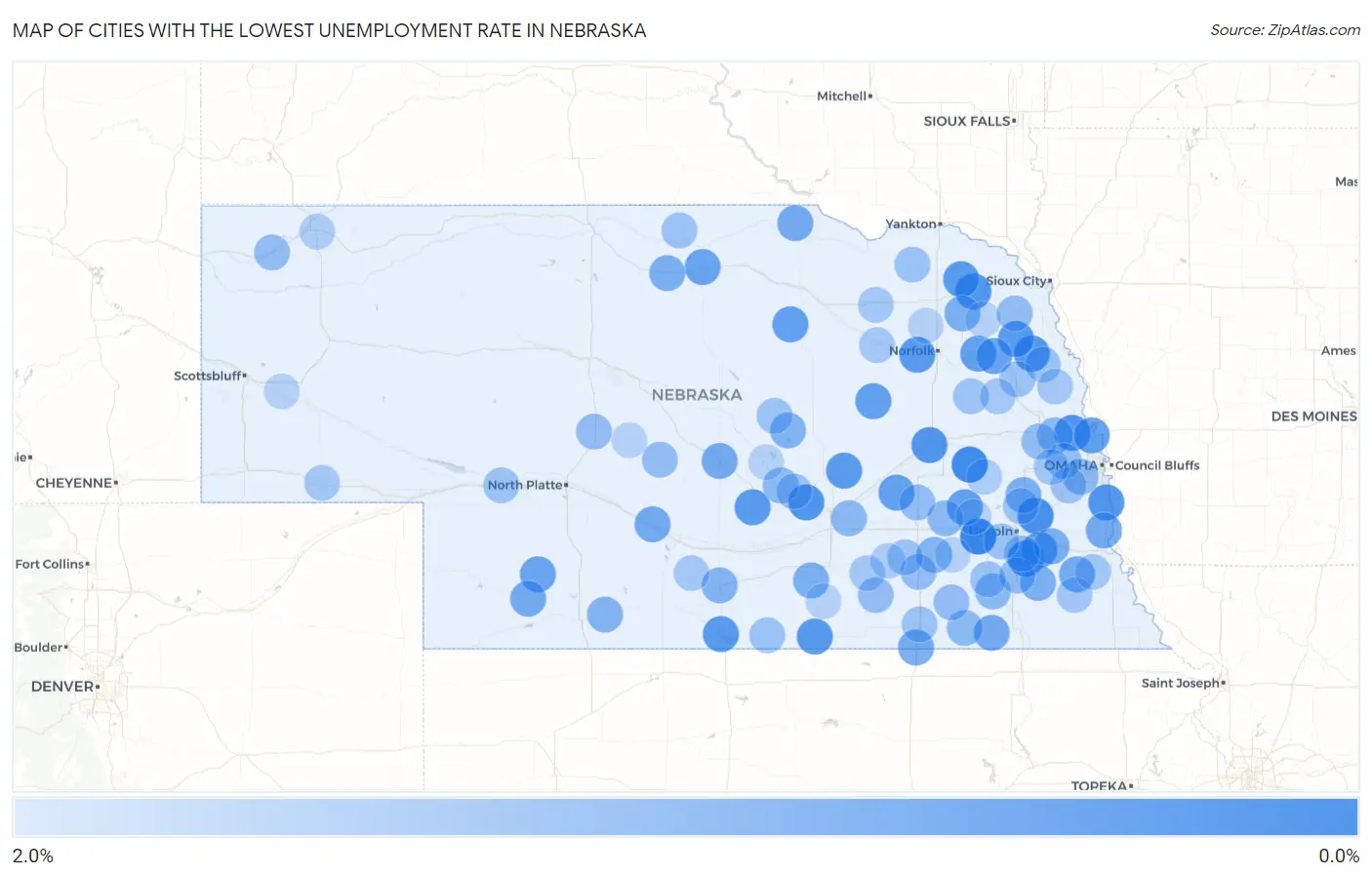 Cities with the Lowest Unemployment Rate in Nebraska Map