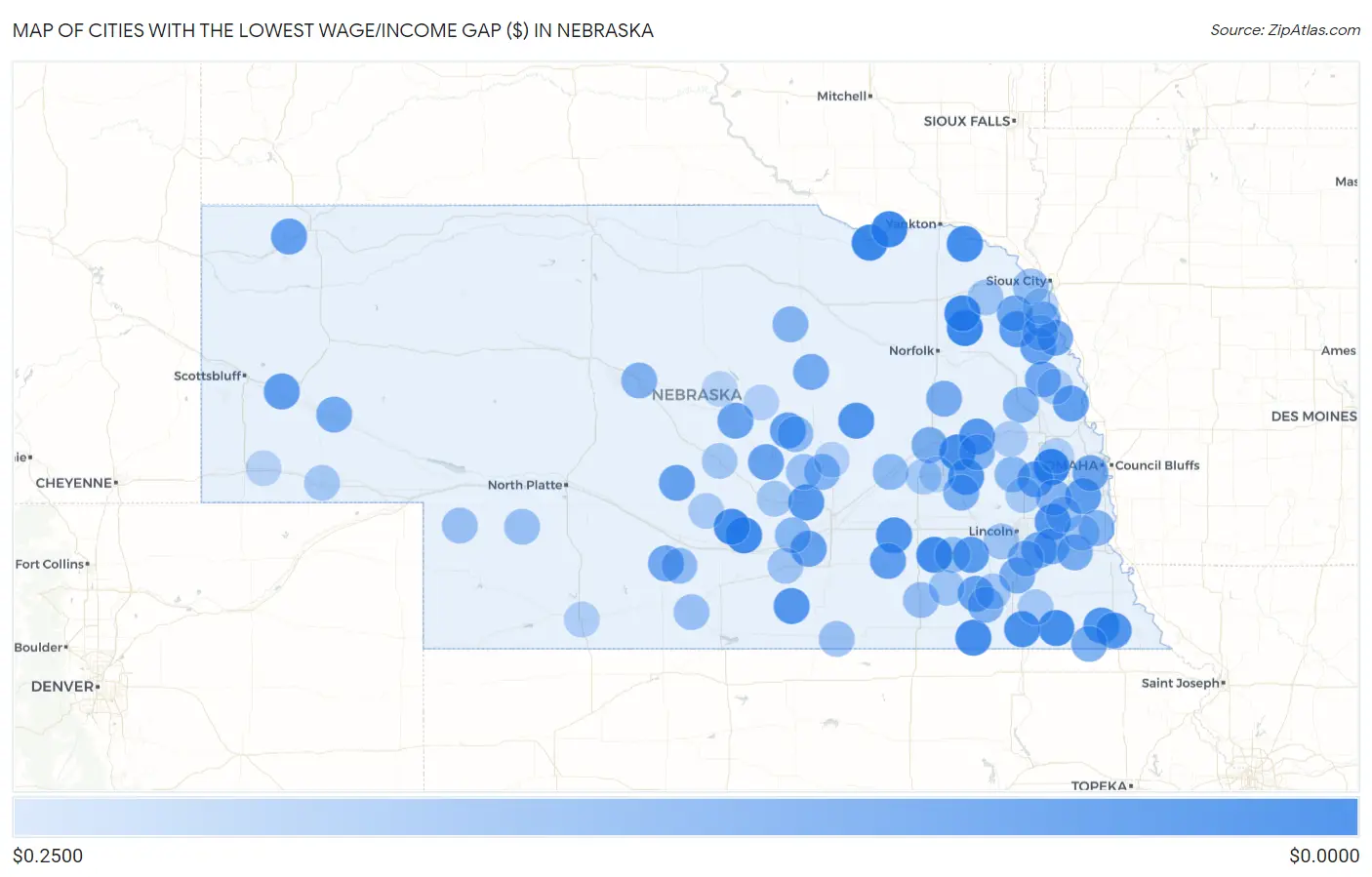 Cities with the Lowest Wage/Income Gap ($) in Nebraska Map