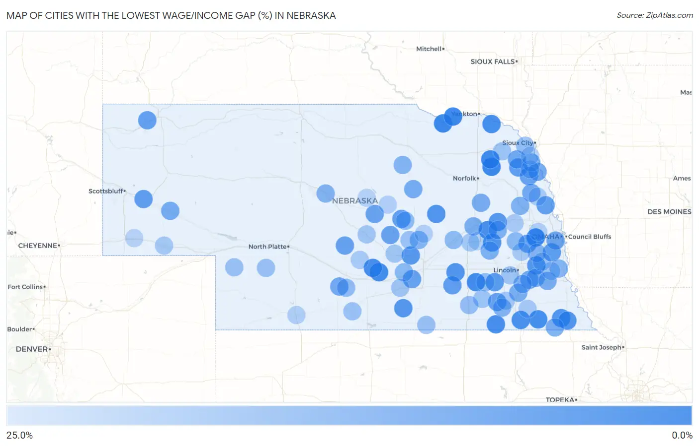 Cities with the Lowest Wage/Income Gap (%) in Nebraska Map