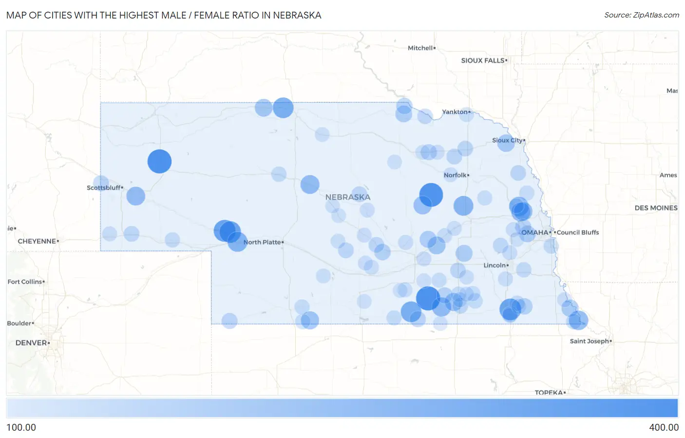 Cities with the Highest Male / Female Ratio in Nebraska Map