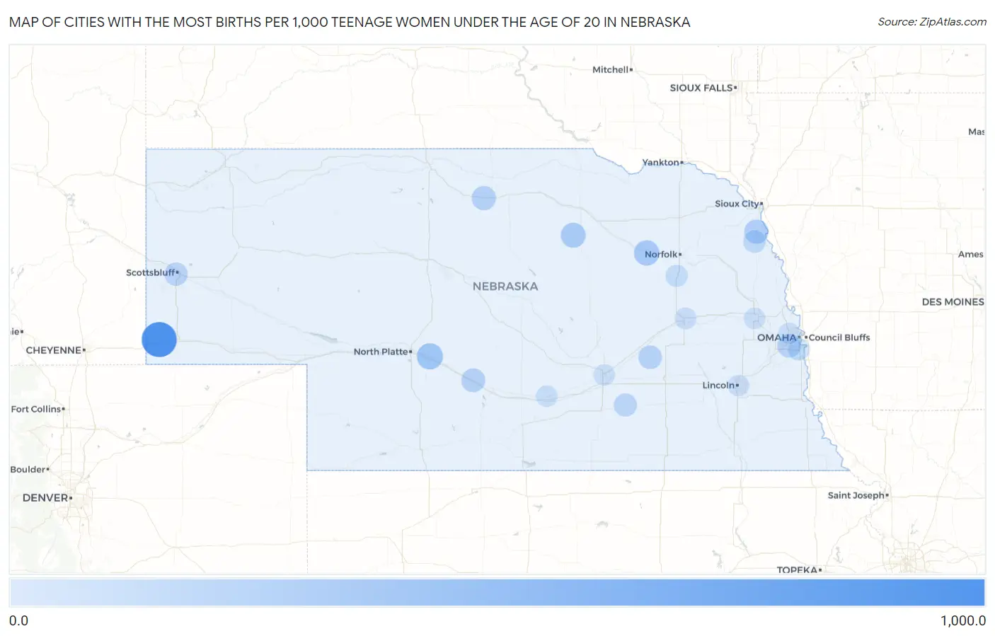 Cities with the Most Births per 1,000 Teenage Women Under the Age of 20 in Nebraska Map