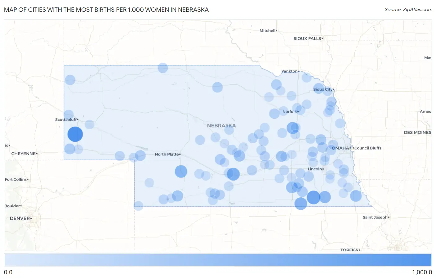 Cities with the Most Births per 1,000 Women in Nebraska Map