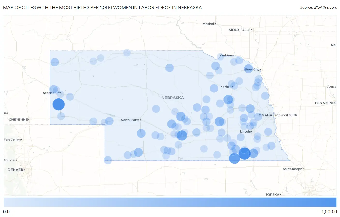 Cities with the Most Births per 1,000 Women in Labor Force in Nebraska Map