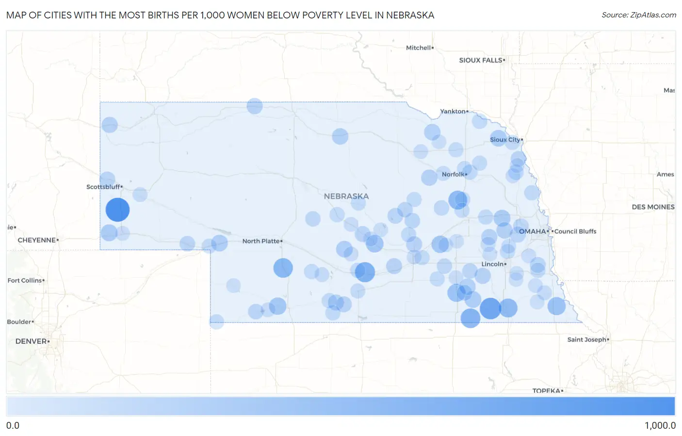 Cities with the Most Births per 1,000 Women Below Poverty Level in Nebraska Map