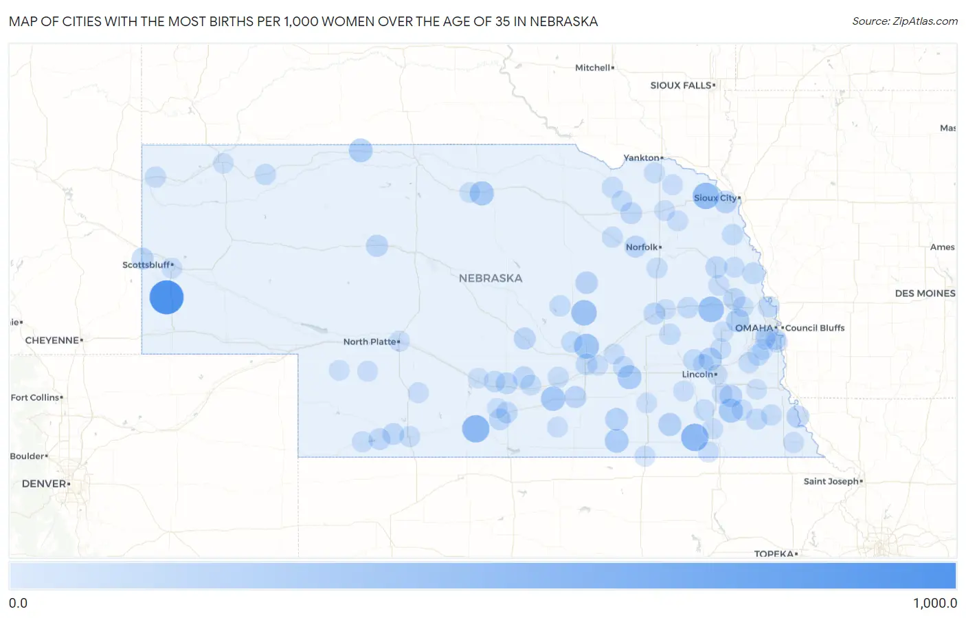 Cities with the Most Births per 1,000 Women Over the Age of 35 in Nebraska Map