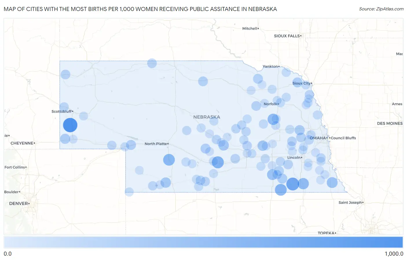 Cities with the Most Births per 1,000 Women Receiving Public Assitance in Nebraska Map