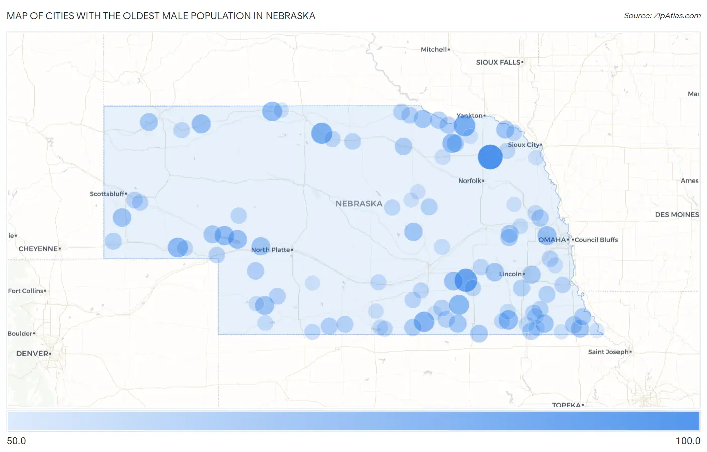 Cities with the Oldest Male Population in Nebraska Map