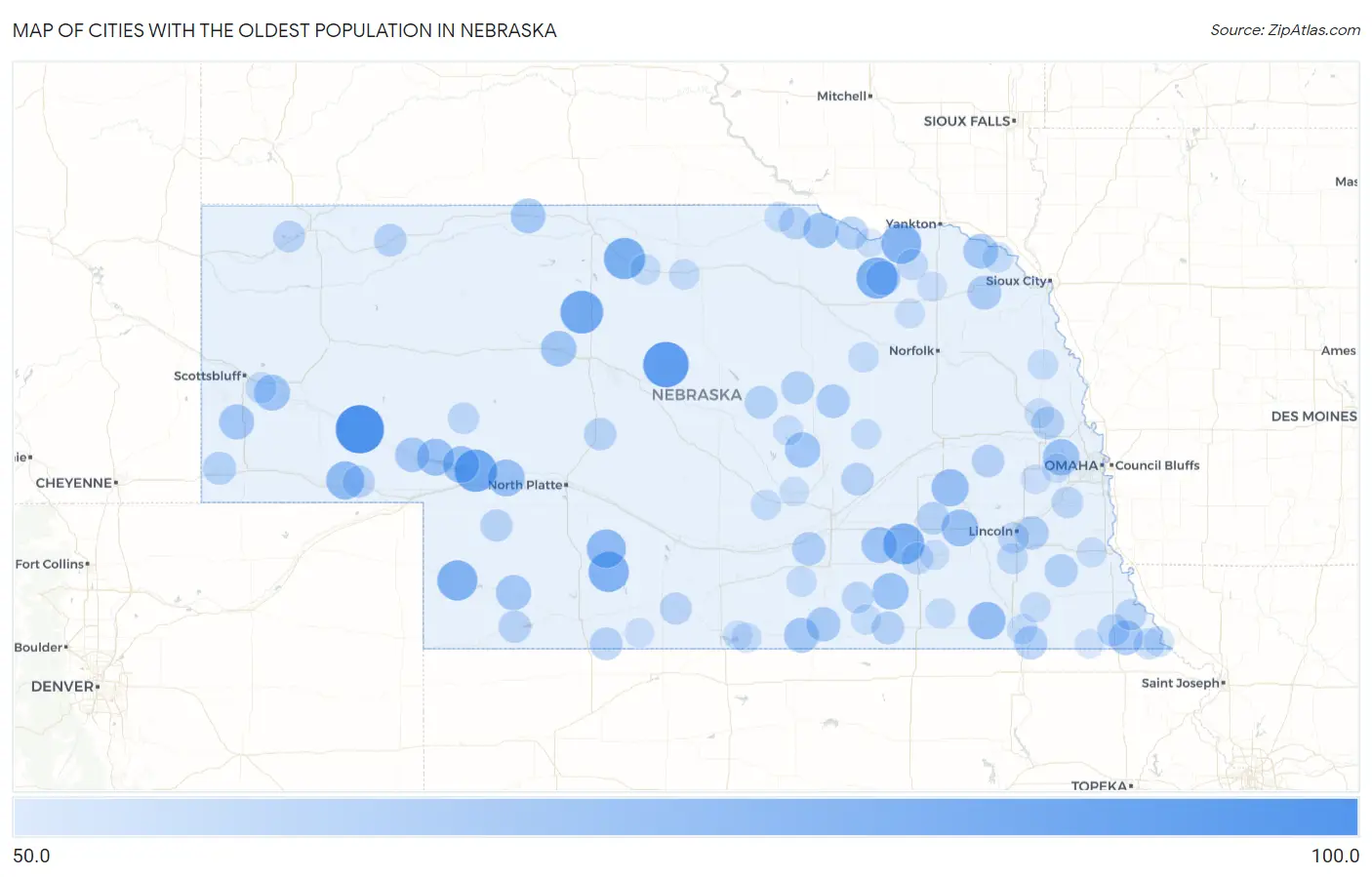 Cities with the Oldest Population in Nebraska Map