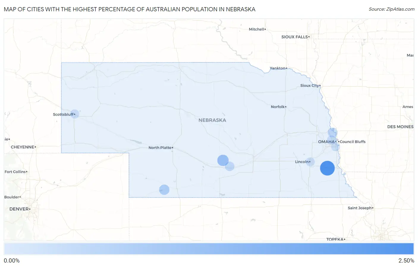 Cities with the Highest Percentage of Australian Population in Nebraska Map