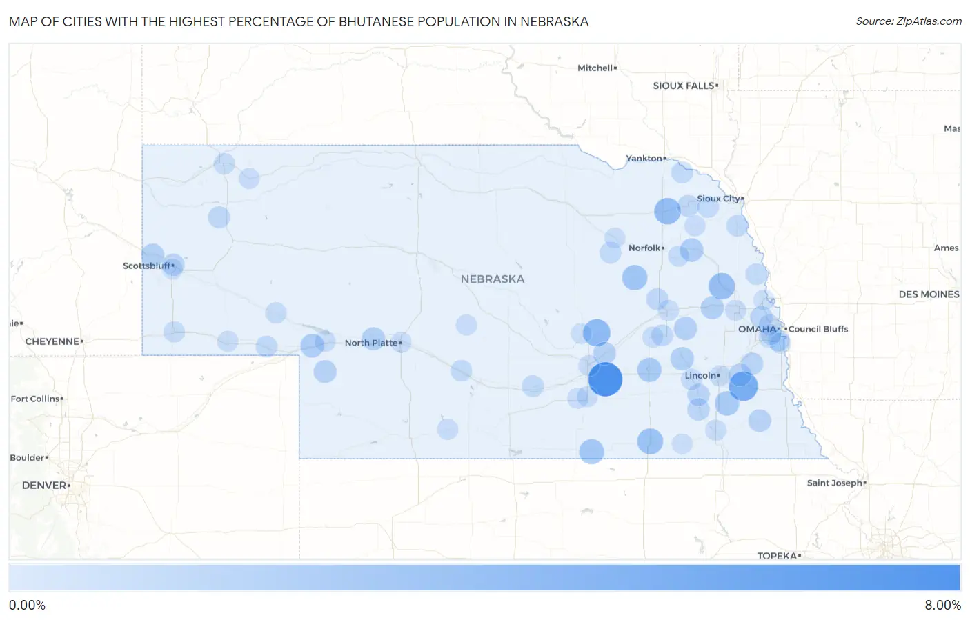 Cities with the Highest Percentage of Bhutanese Population in Nebraska Map