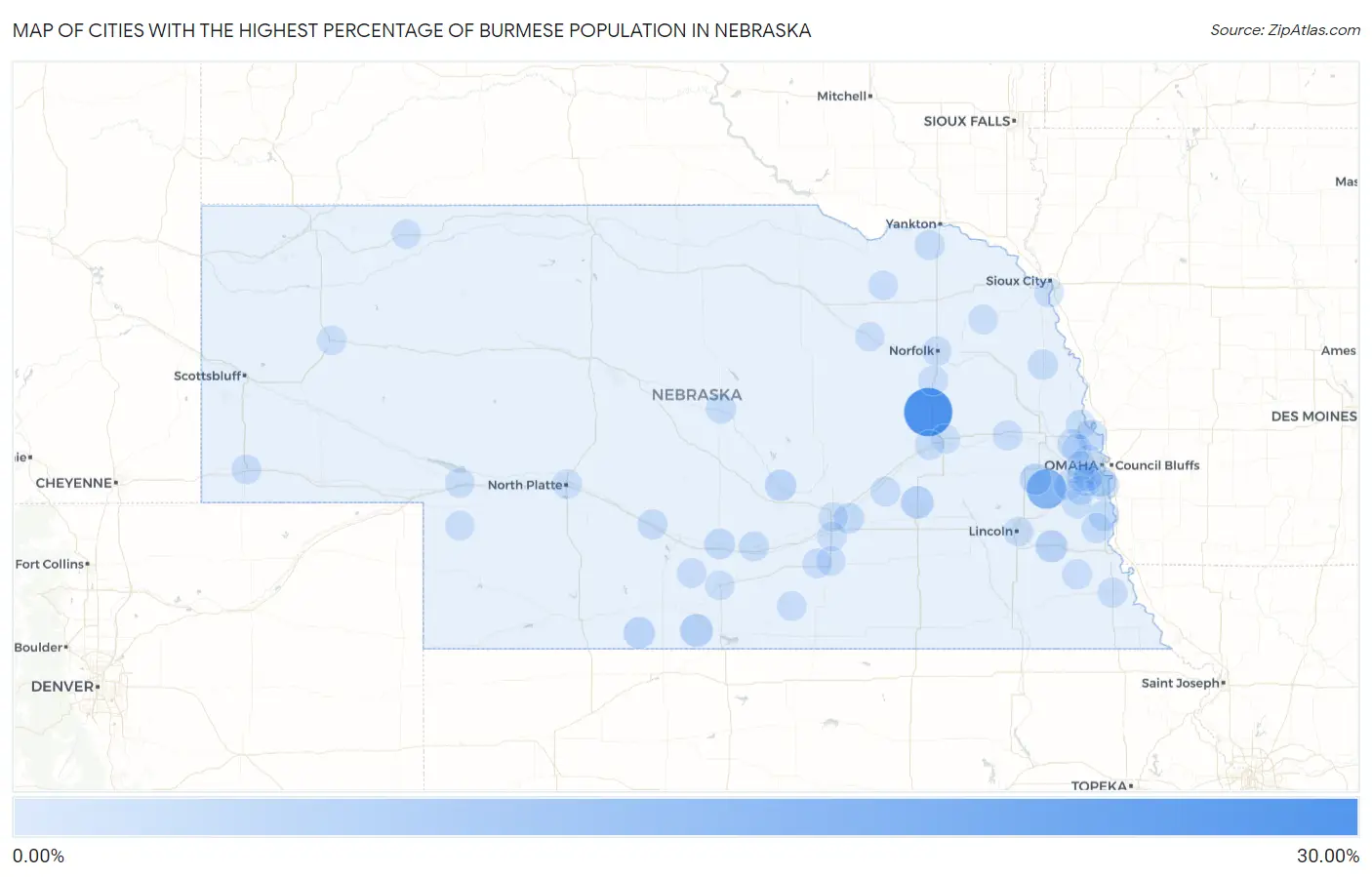 Cities with the Highest Percentage of Burmese Population in Nebraska Map
