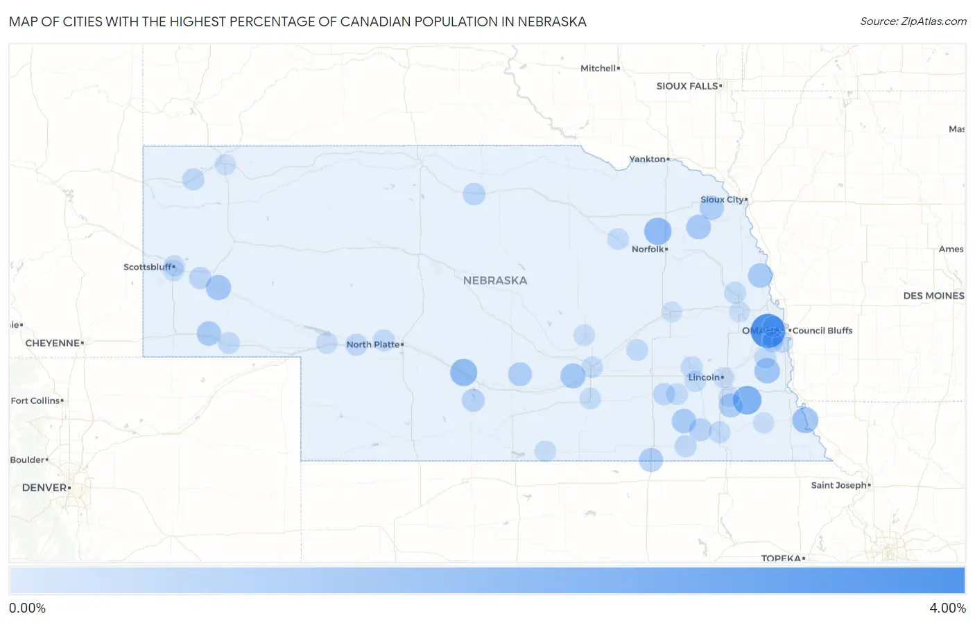 Cities with the Highest Percentage of Canadian Population in Nebraska Map