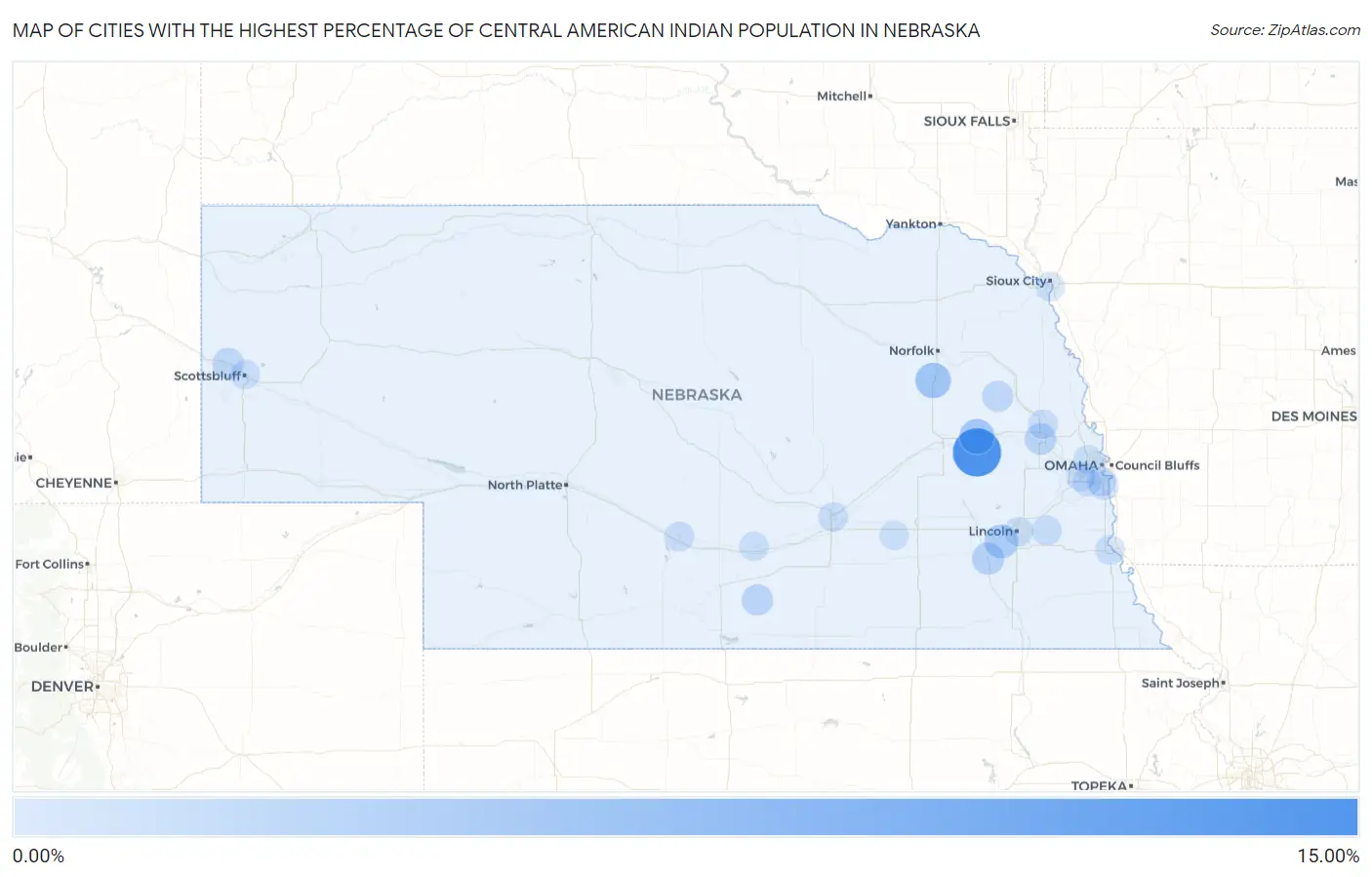 Cities with the Highest Percentage of Central American Indian Population in Nebraska Map