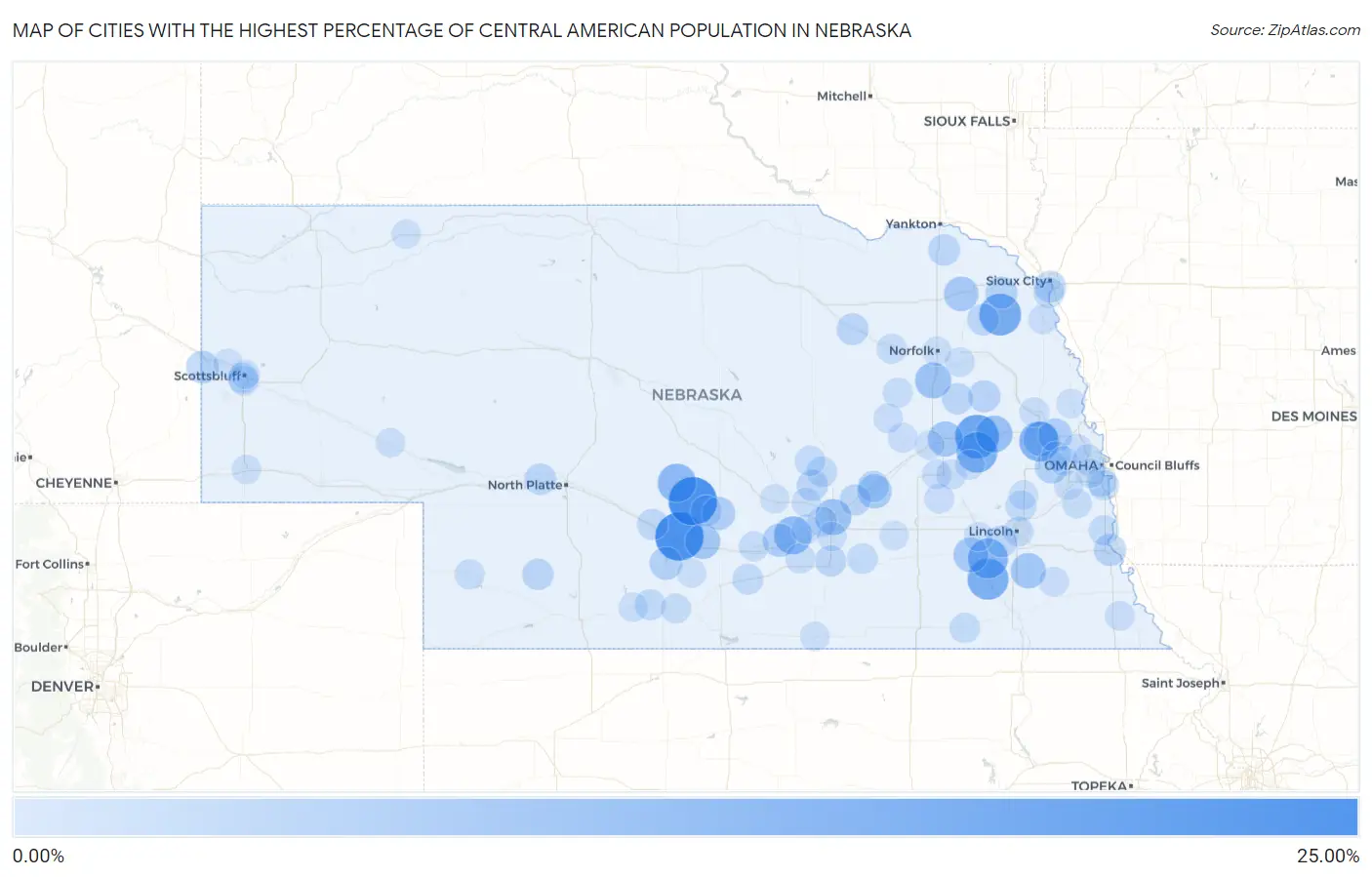Cities with the Highest Percentage of Central American Population in Nebraska Map