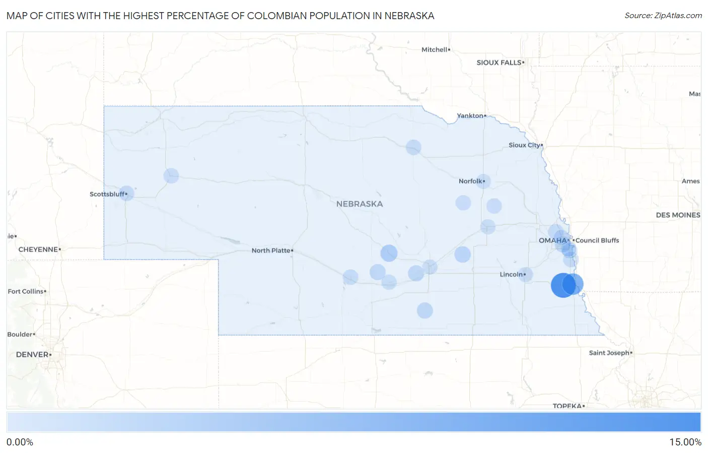 Cities with the Highest Percentage of Colombian Population in Nebraska Map