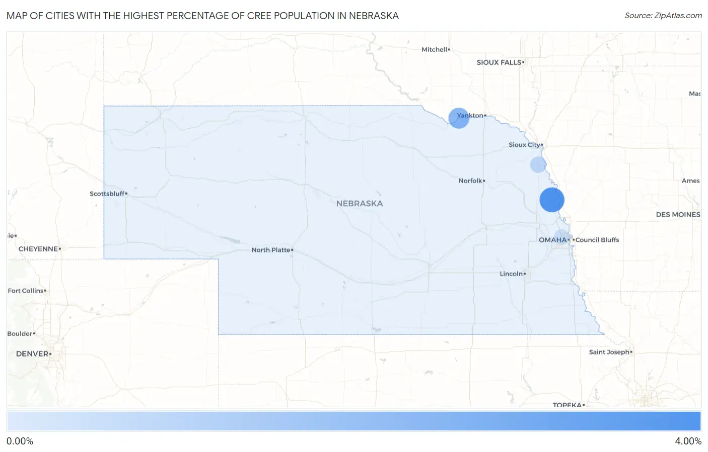 Cities with the Highest Percentage of Cree Population in Nebraska Map
