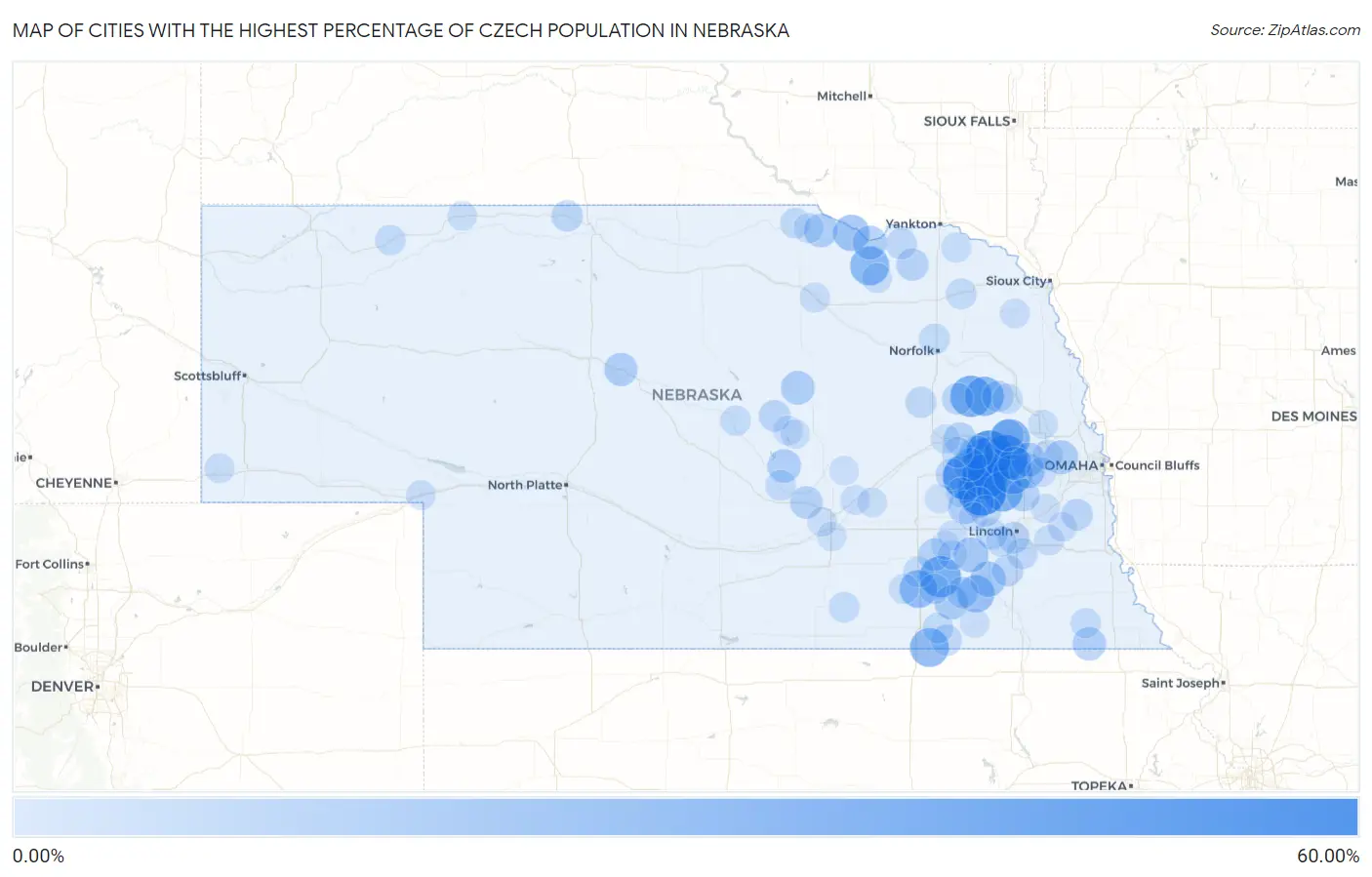 Cities with the Highest Percentage of Czech Population in Nebraska Map