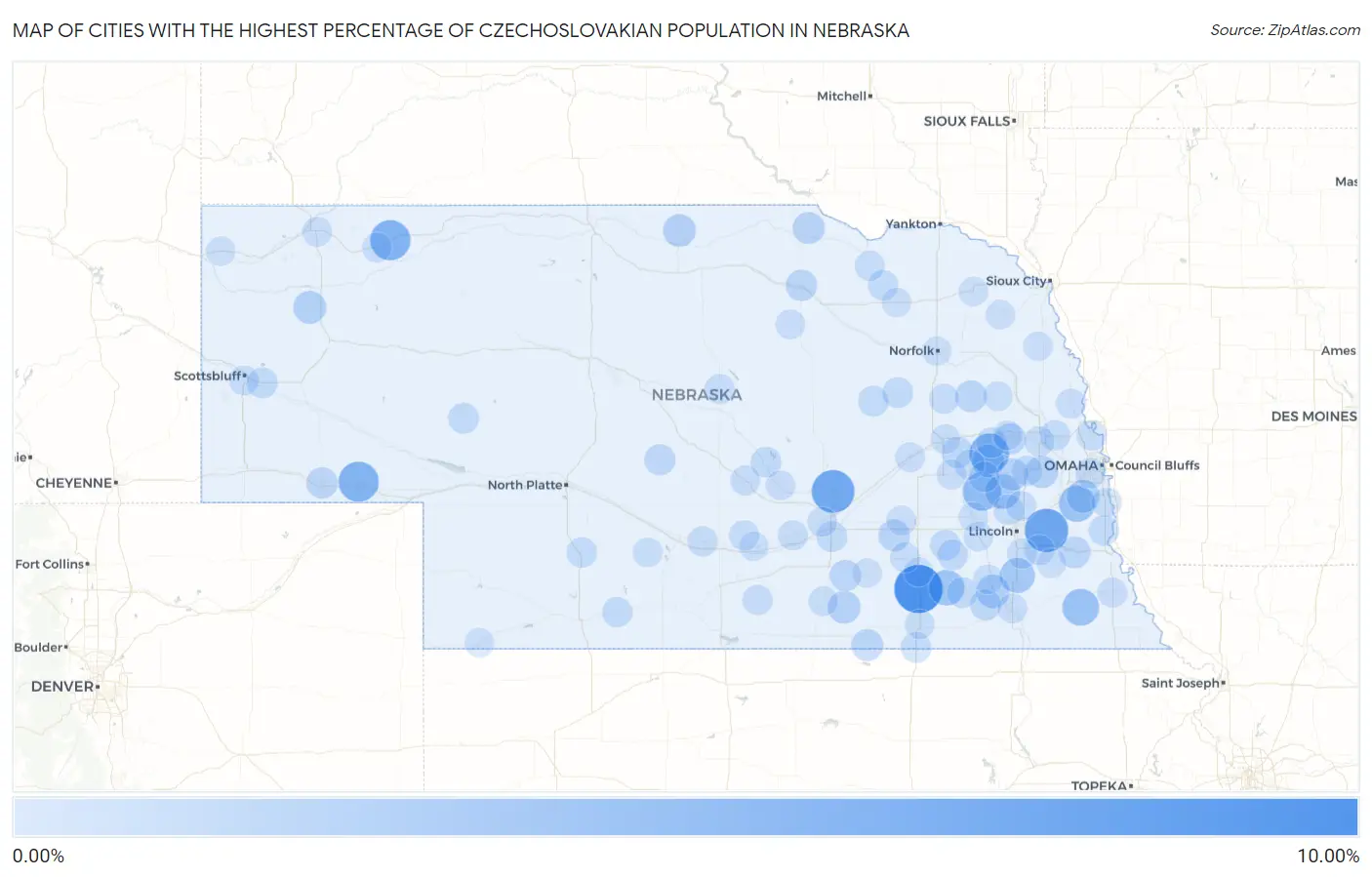 Cities with the Highest Percentage of Czechoslovakian Population in Nebraska Map