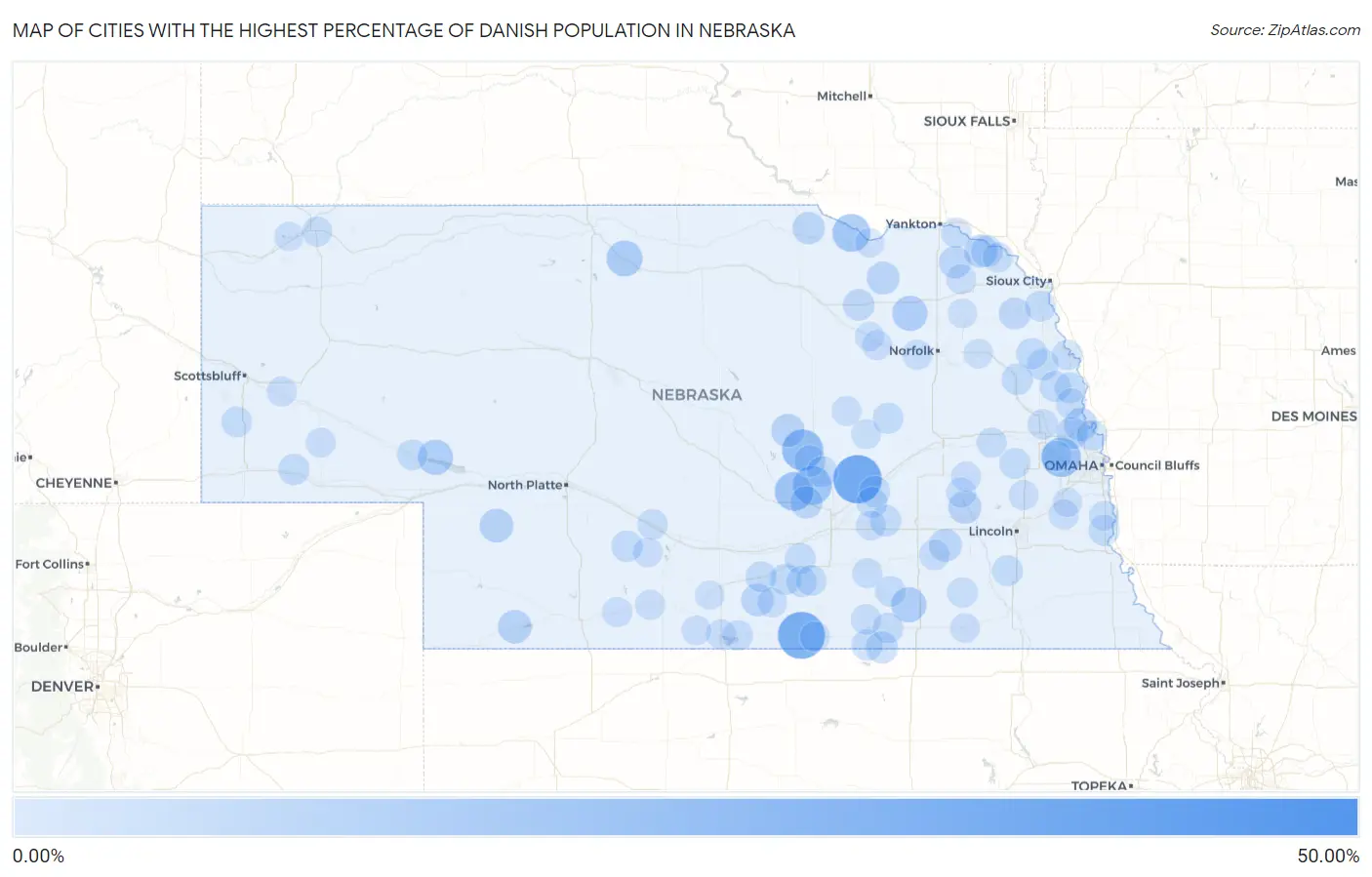 Cities with the Highest Percentage of Danish Population in Nebraska Map