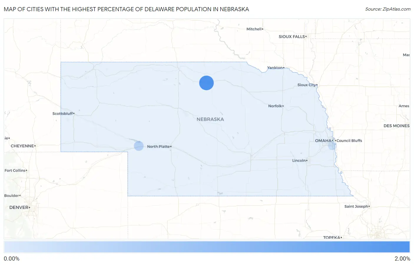 Cities with the Highest Percentage of Delaware Population in Nebraska Map