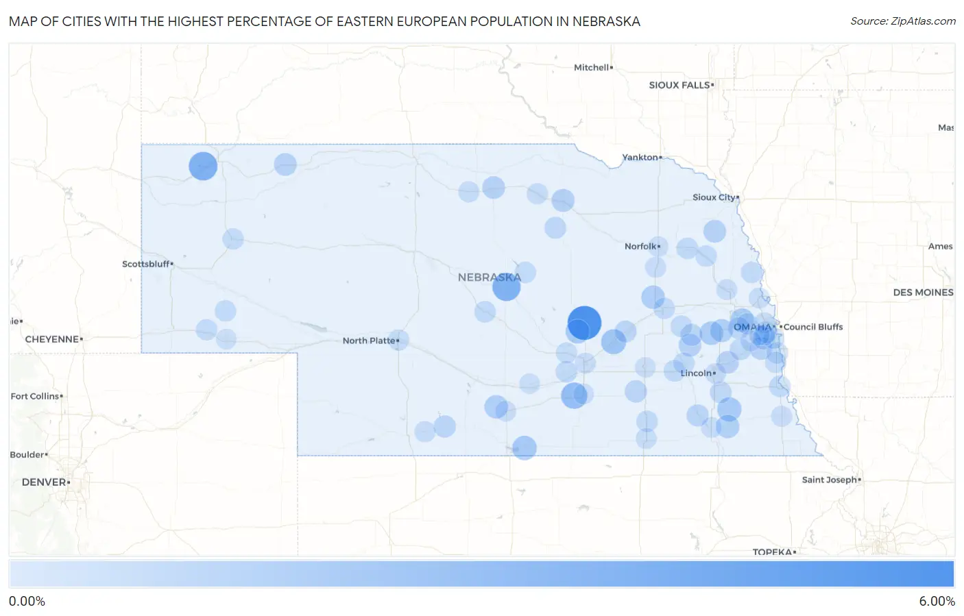 Cities with the Highest Percentage of Eastern European Population in Nebraska Map