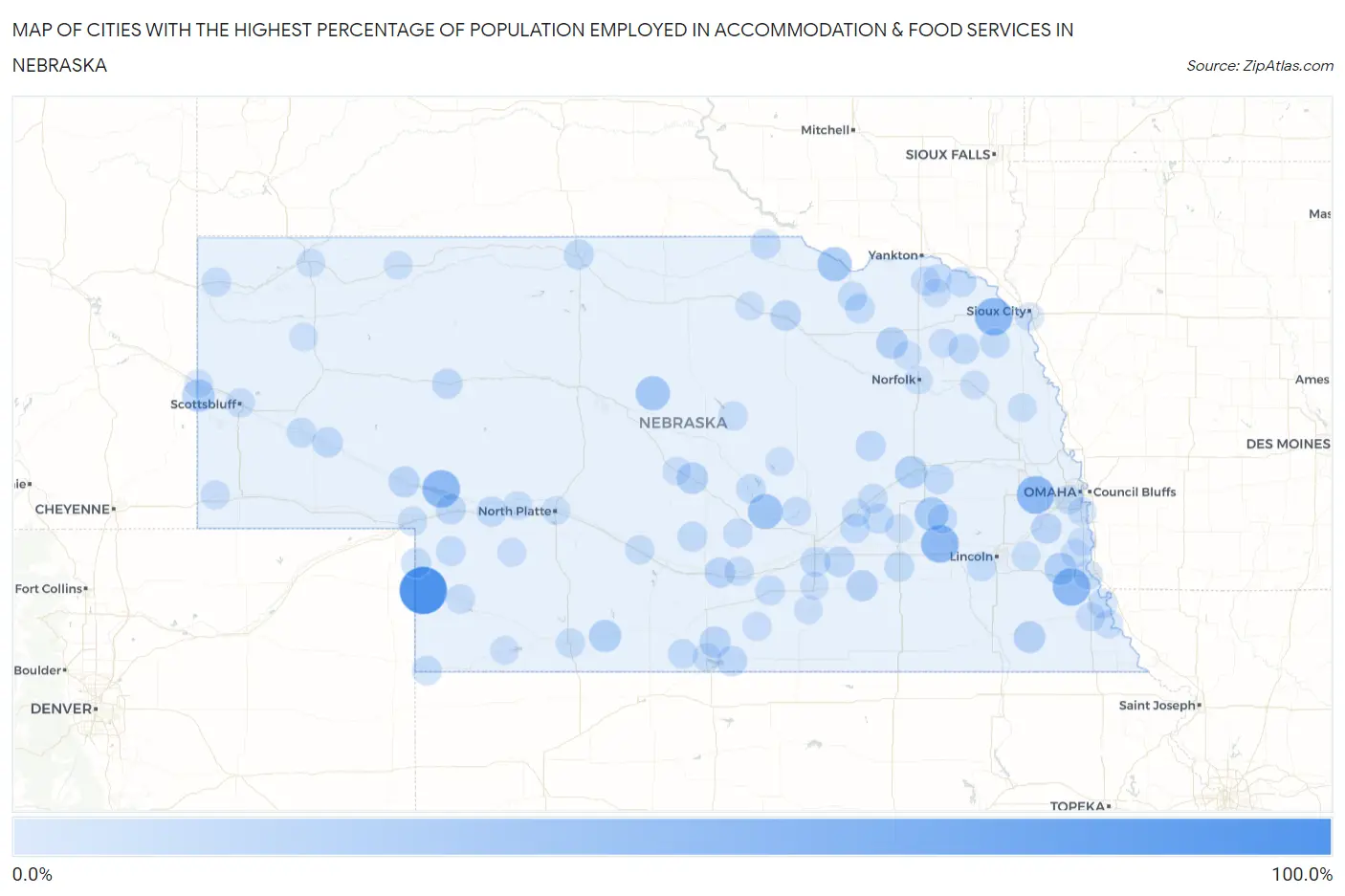 Cities with the Highest Percentage of Population Employed in Accommodation & Food Services in Nebraska Map