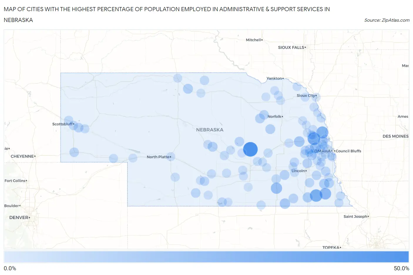 Cities with the Highest Percentage of Population Employed in Administrative & Support Services in Nebraska Map