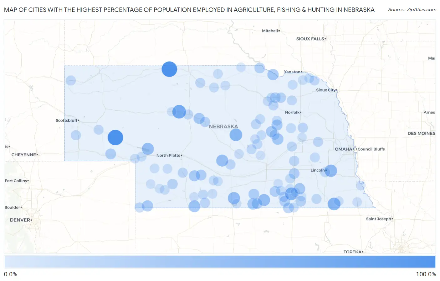 Cities with the Highest Percentage of Population Employed in Agriculture, Fishing & Hunting in Nebraska Map