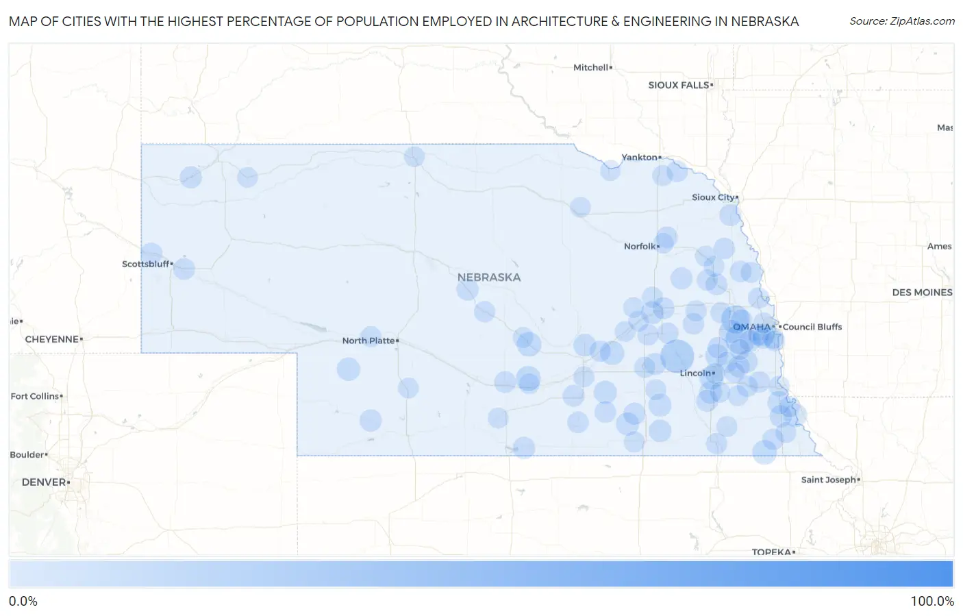 Cities with the Highest Percentage of Population Employed in Architecture & Engineering in Nebraska Map