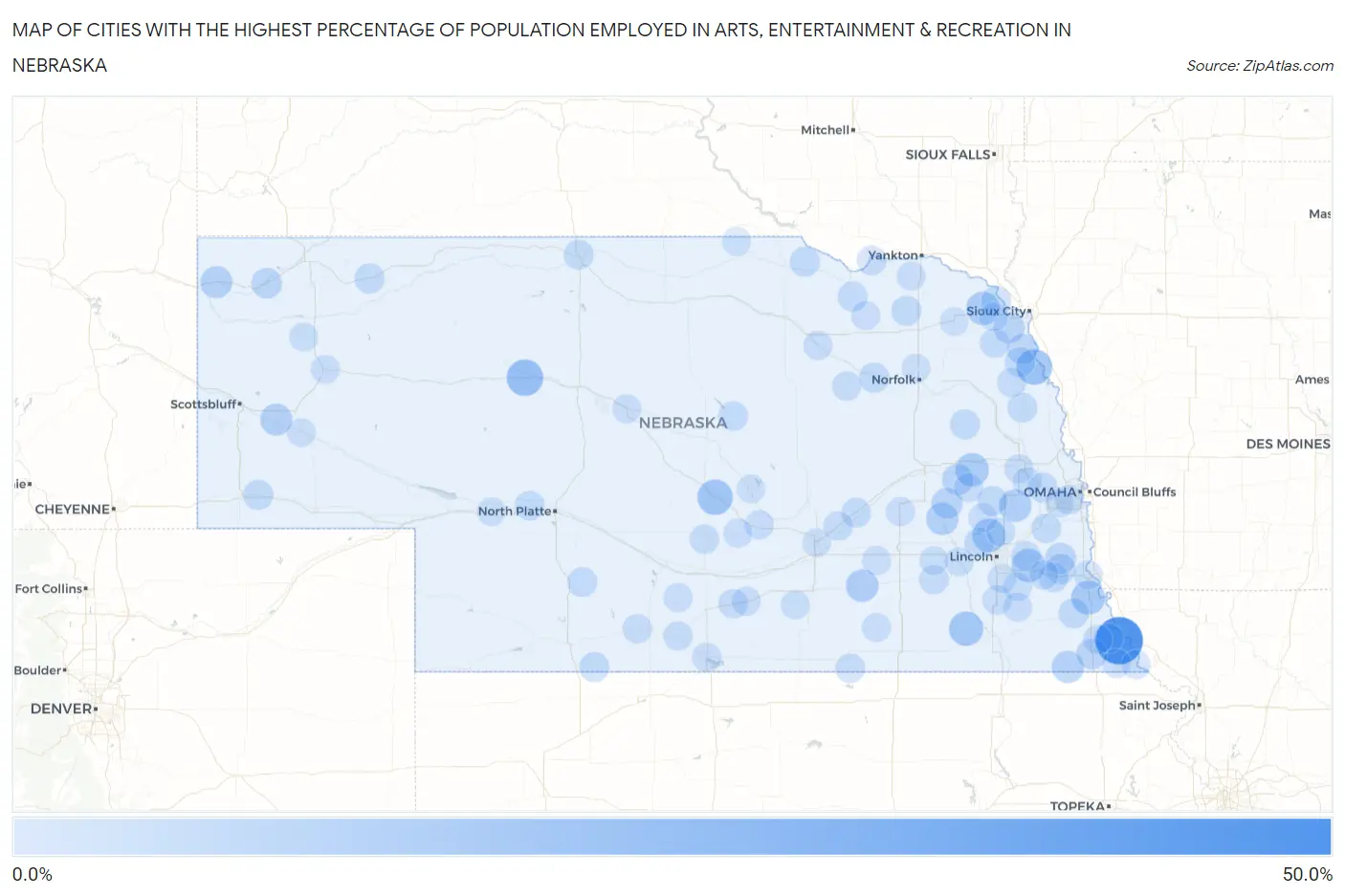Cities with the Highest Percentage of Population Employed in Arts, Entertainment & Recreation in Nebraska Map