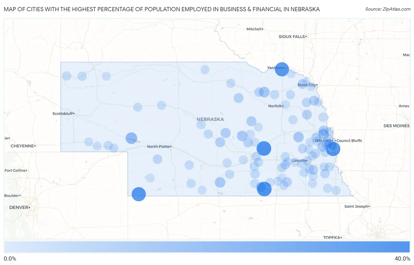 Cities with the Highest Percentage of Population Employed in Business & Financial in Nebraska Map
