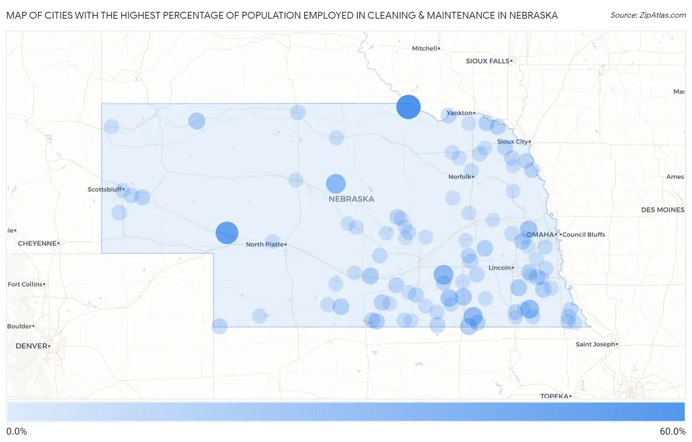 Cities with the Highest Percentage of Population Employed in Cleaning & Maintenance in Nebraska Map