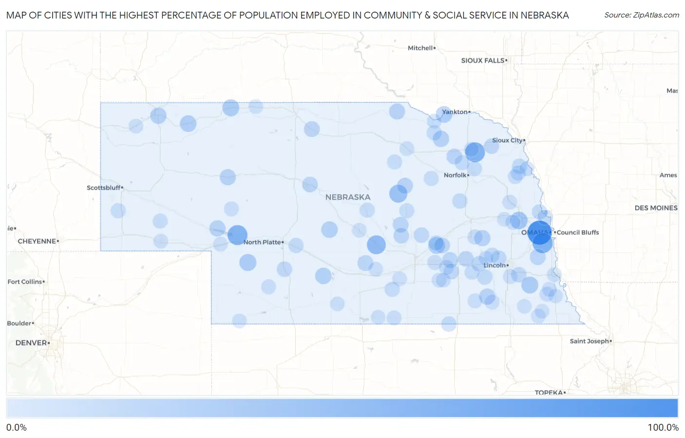 Cities with the Highest Percentage of Population Employed in Community & Social Service  in Nebraska Map