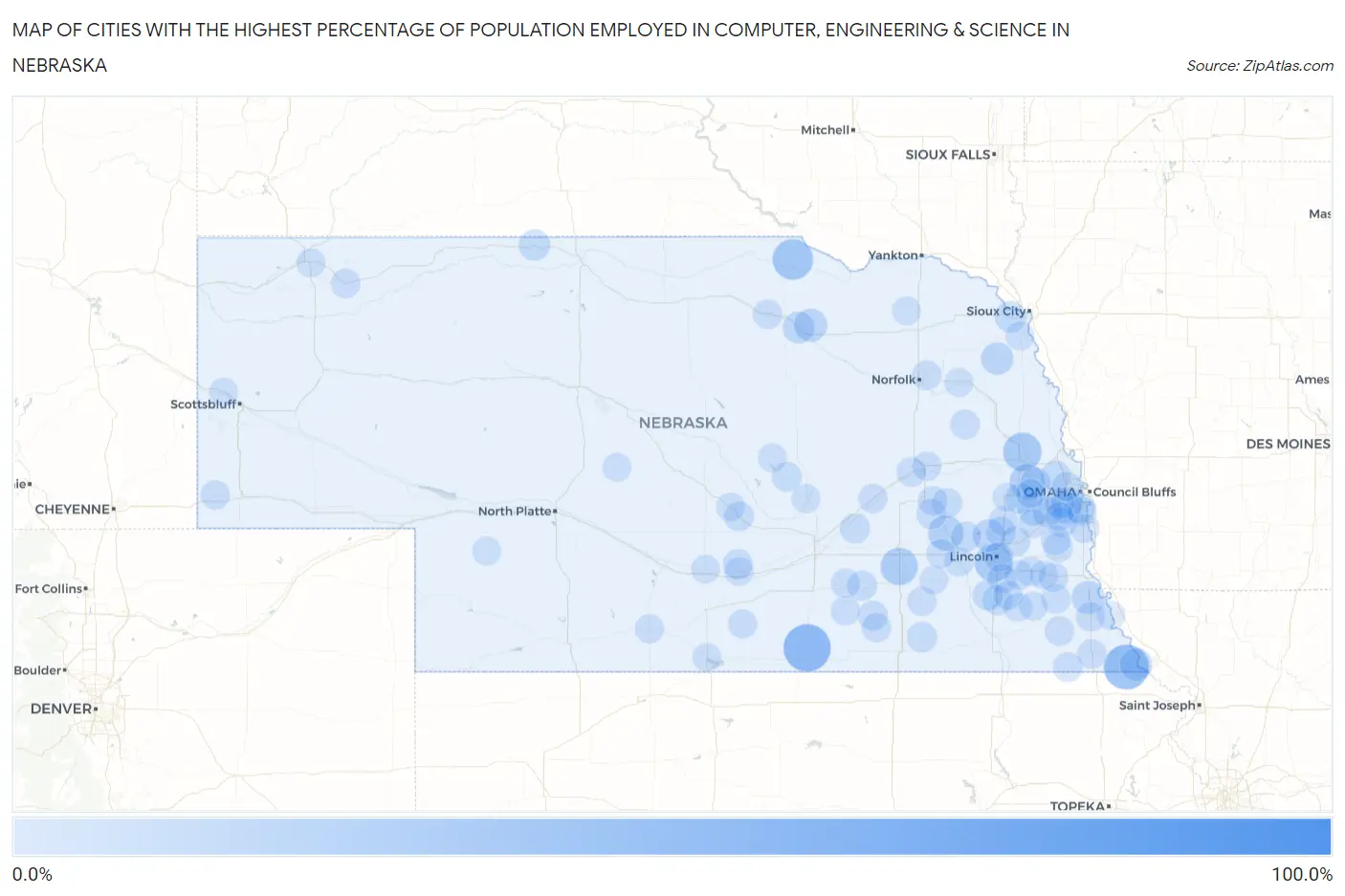 Cities with the Highest Percentage of Population Employed in Computer, Engineering & Science in Nebraska Map