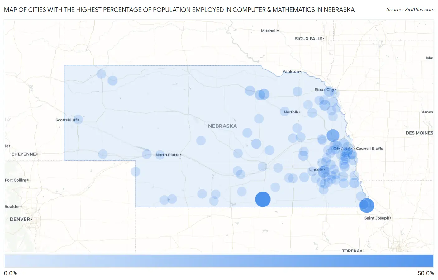 Cities with the Highest Percentage of Population Employed in Computer & Mathematics in Nebraska Map