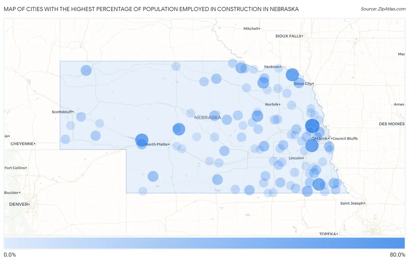 Cities with the Highest Percentage of Population Employed in Construction in Nebraska Map