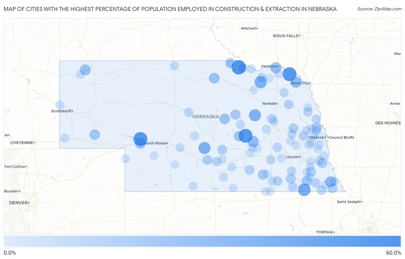 Cities with the Highest Percentage of Population Employed in Construction & Extraction in Nebraska Map