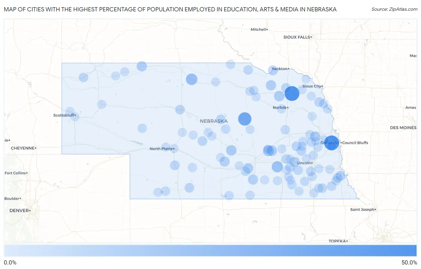 Cities with the Highest Percentage of Population Employed in Education, Arts & Media in Nebraska Map
