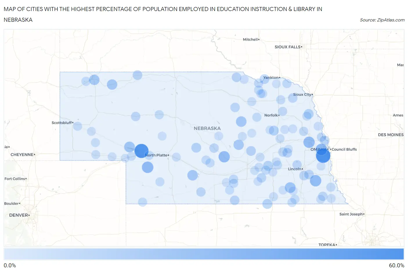 Cities with the Highest Percentage of Population Employed in Education Instruction & Library in Nebraska Map