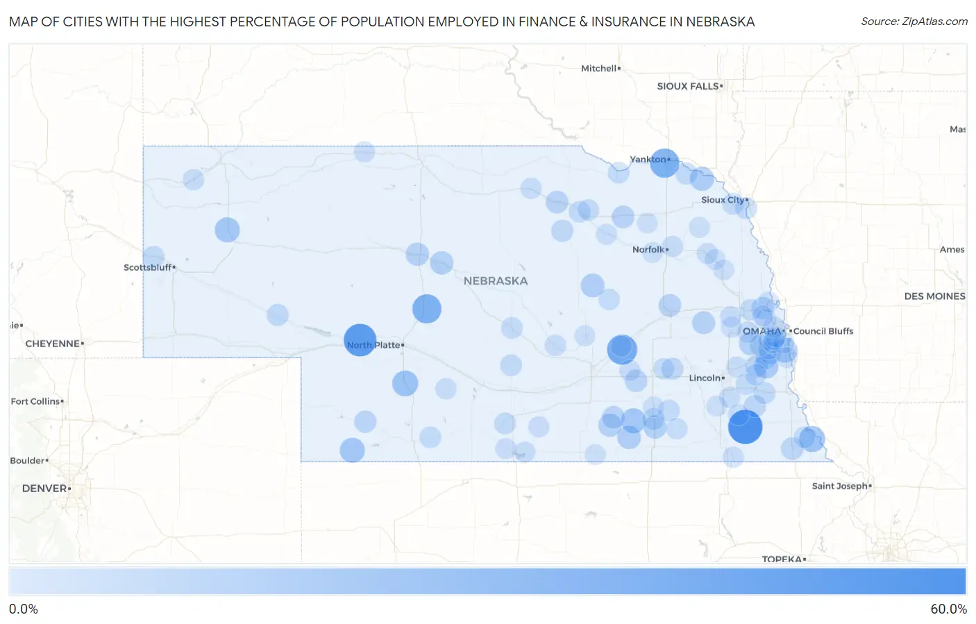 Cities with the Highest Percentage of Population Employed in Finance & Insurance in Nebraska Map