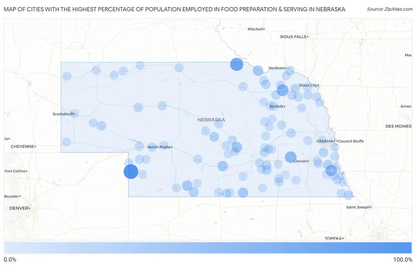 Cities with the Highest Percentage of Population Employed in Food Preparation & Serving in Nebraska Map