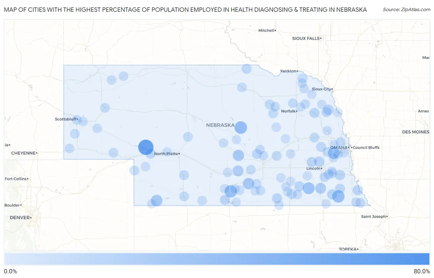 Cities with the Highest Percentage of Population Employed in Health Diagnosing & Treating in Nebraska Map