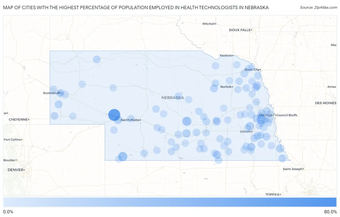 Cities with the Highest Percentage of Population Employed in Health Technologists in Nebraska Map
