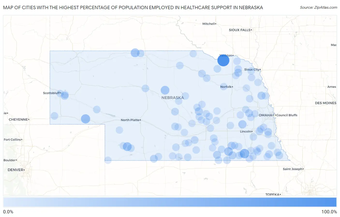Cities with the Highest Percentage of Population Employed in Healthcare Support in Nebraska Map
