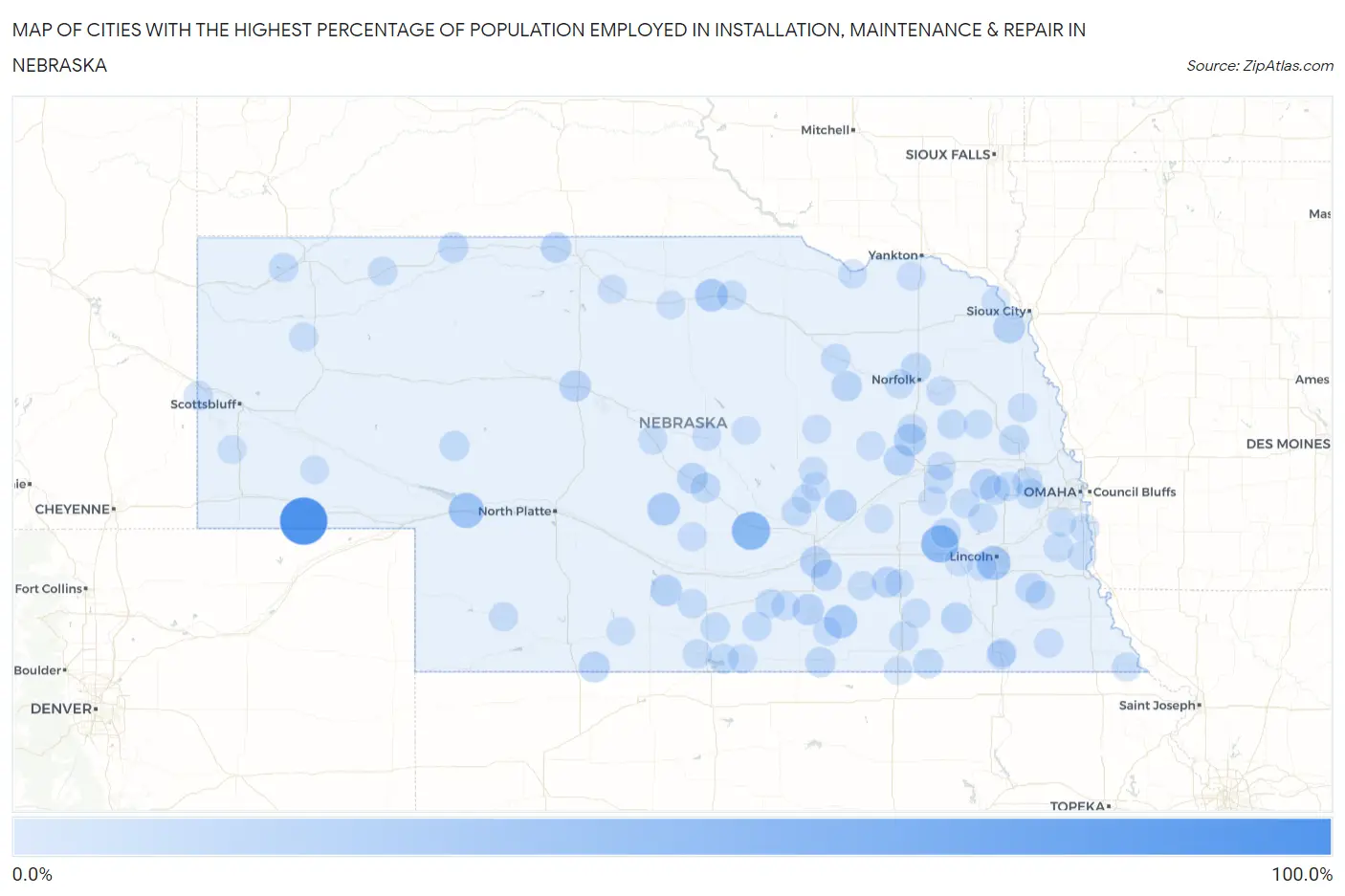 Cities with the Highest Percentage of Population Employed in Installation, Maintenance & Repair in Nebraska Map