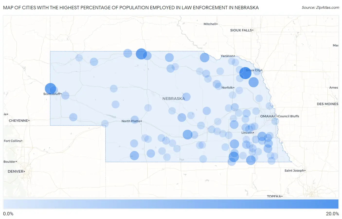 Cities with the Highest Percentage of Population Employed in Law Enforcement in Nebraska Map