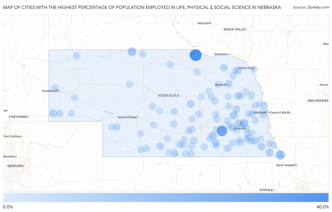 Cities with the Highest Percentage of Population Employed in Life, Physical & Social Science in Nebraska Map