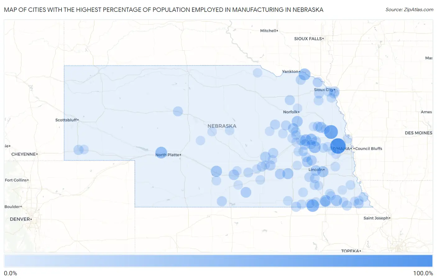 Cities with the Highest Percentage of Population Employed in Manufacturing in Nebraska Map