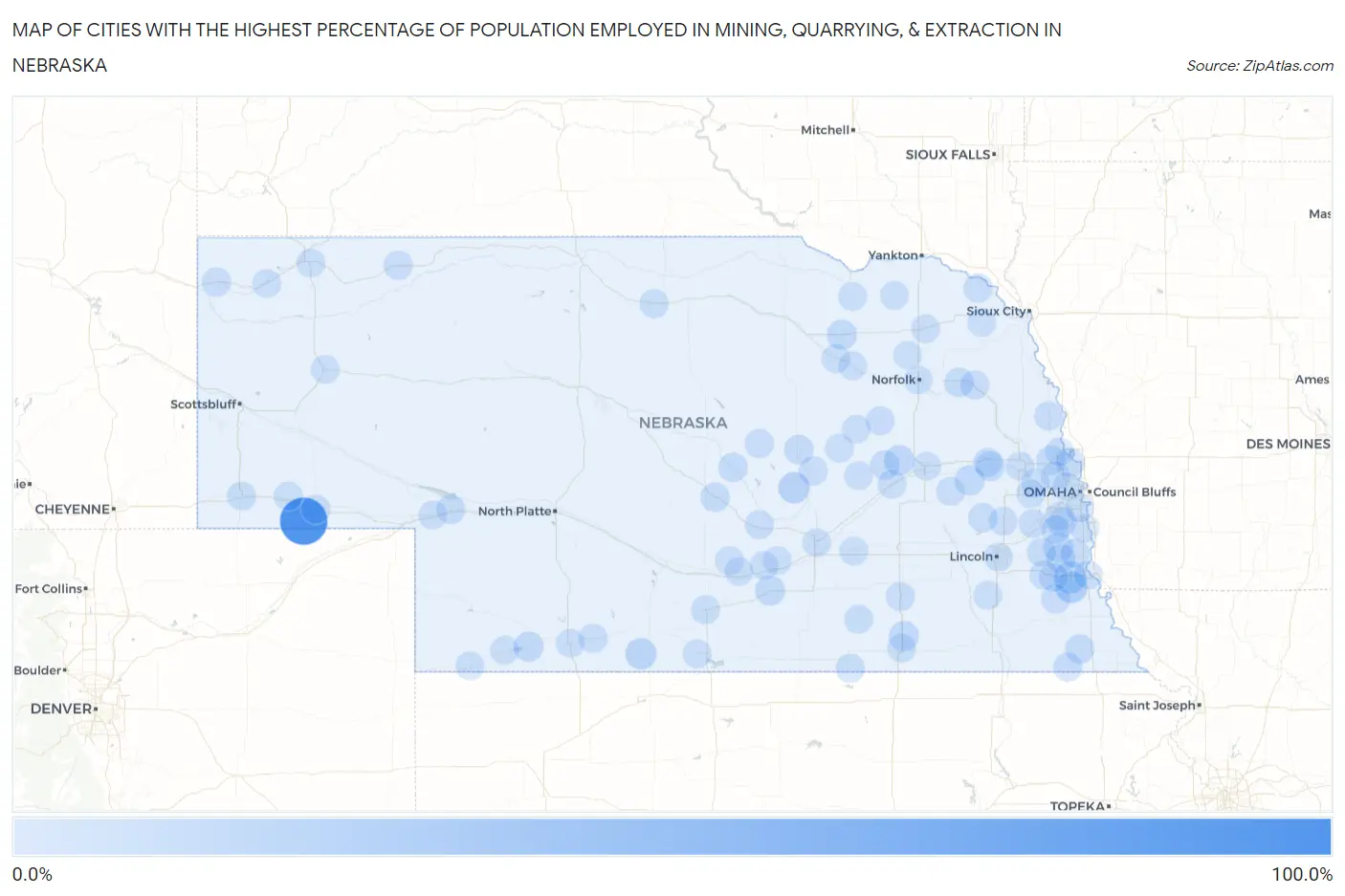 Cities with the Highest Percentage of Population Employed in Mining, Quarrying, & Extraction in Nebraska Map