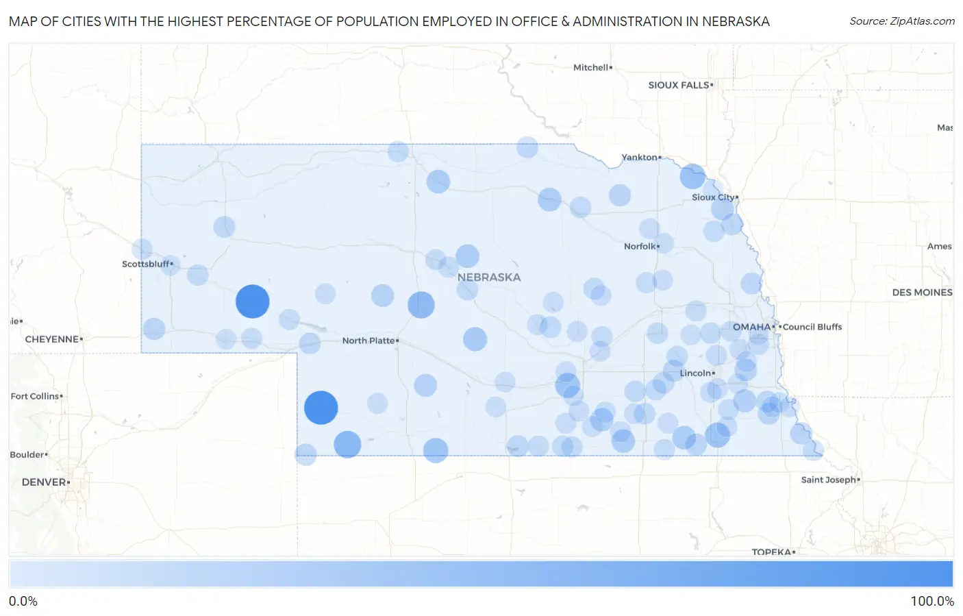 Cities with the Highest Percentage of Population Employed in Office & Administration in Nebraska Map